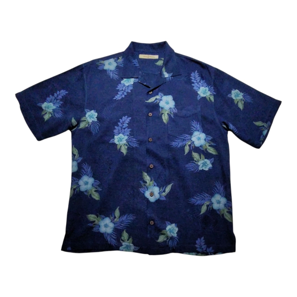 Tommy Bahama Silk Hawaiian Shirt Men M Navy Blue Floral Short Sleeve Button Up - Picture 1 of 3